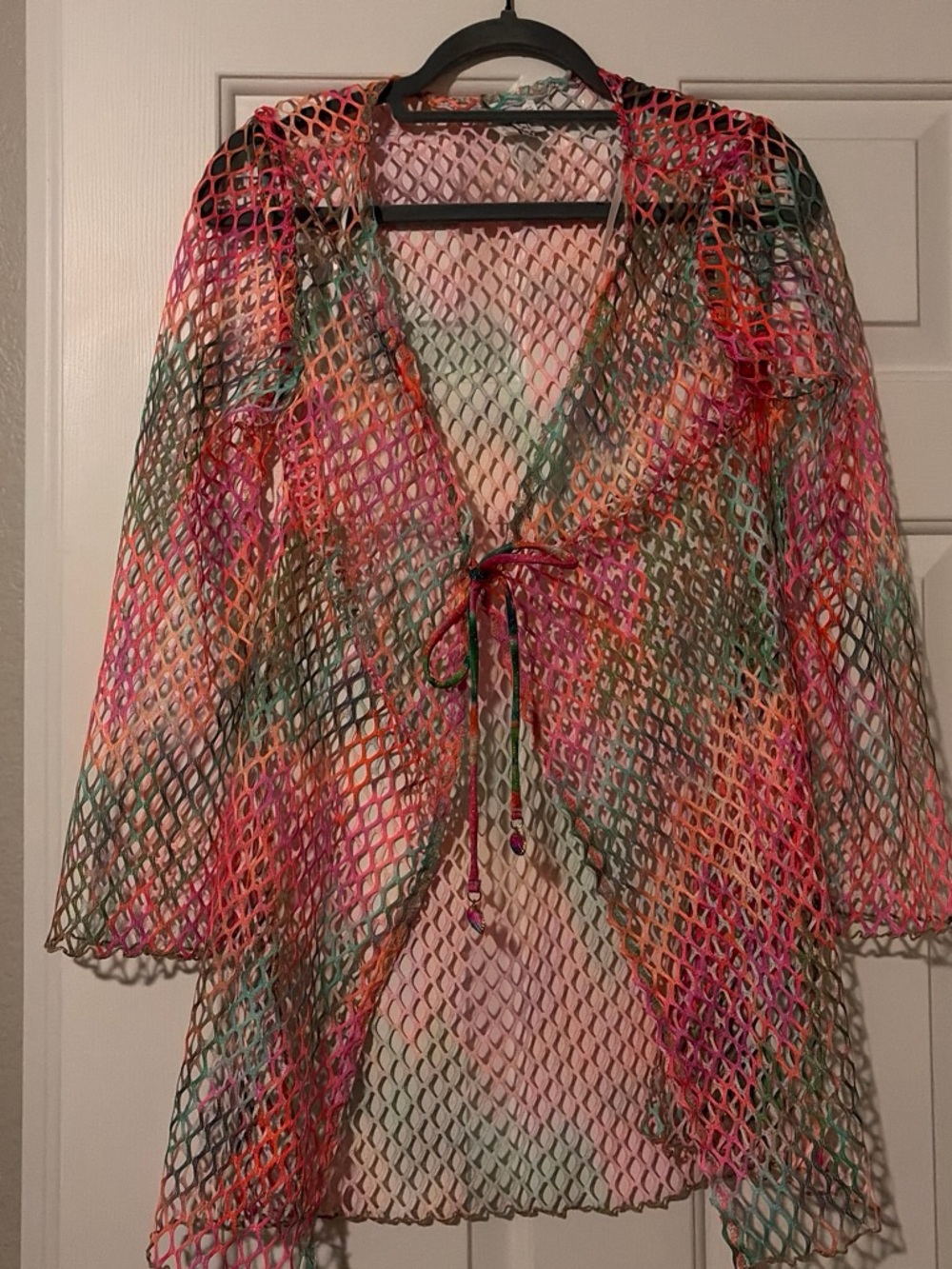 BECCA Multicolor Crochet Mesh Tie-Front Swim Coverup in Pink & Green